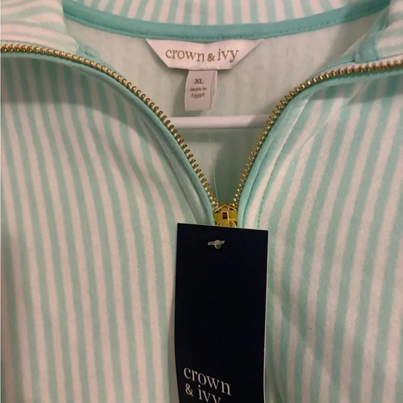 NWT Crown & Ivy Aqua Striped Quarter-Zip Top - Picture 3 of 3